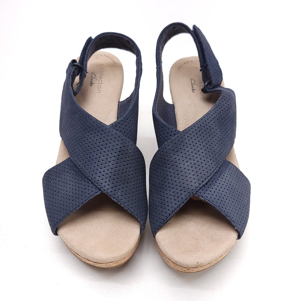 Clarks Collection Navy Blue Perforated Leather Cork Wedge Sandals Womens 7.5 M - Picture 2 of 8